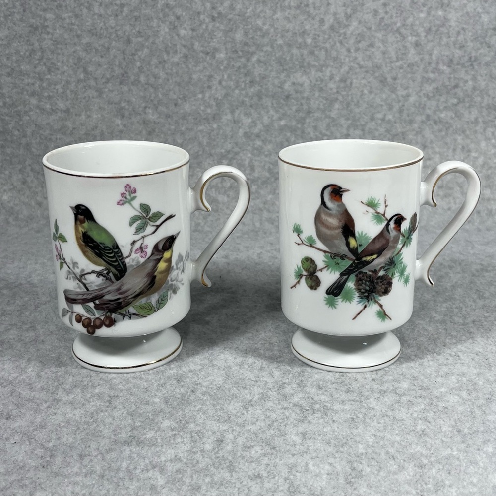 Vintage Porcelain Pedestal Tea Coffee Cup Grey Orange Yellow‎ Birds Gold Trim